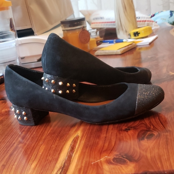 SCHUTZ Black Suede Spiked Block Heel Glitter Toe Size 7.5 - Picture 1 of 7